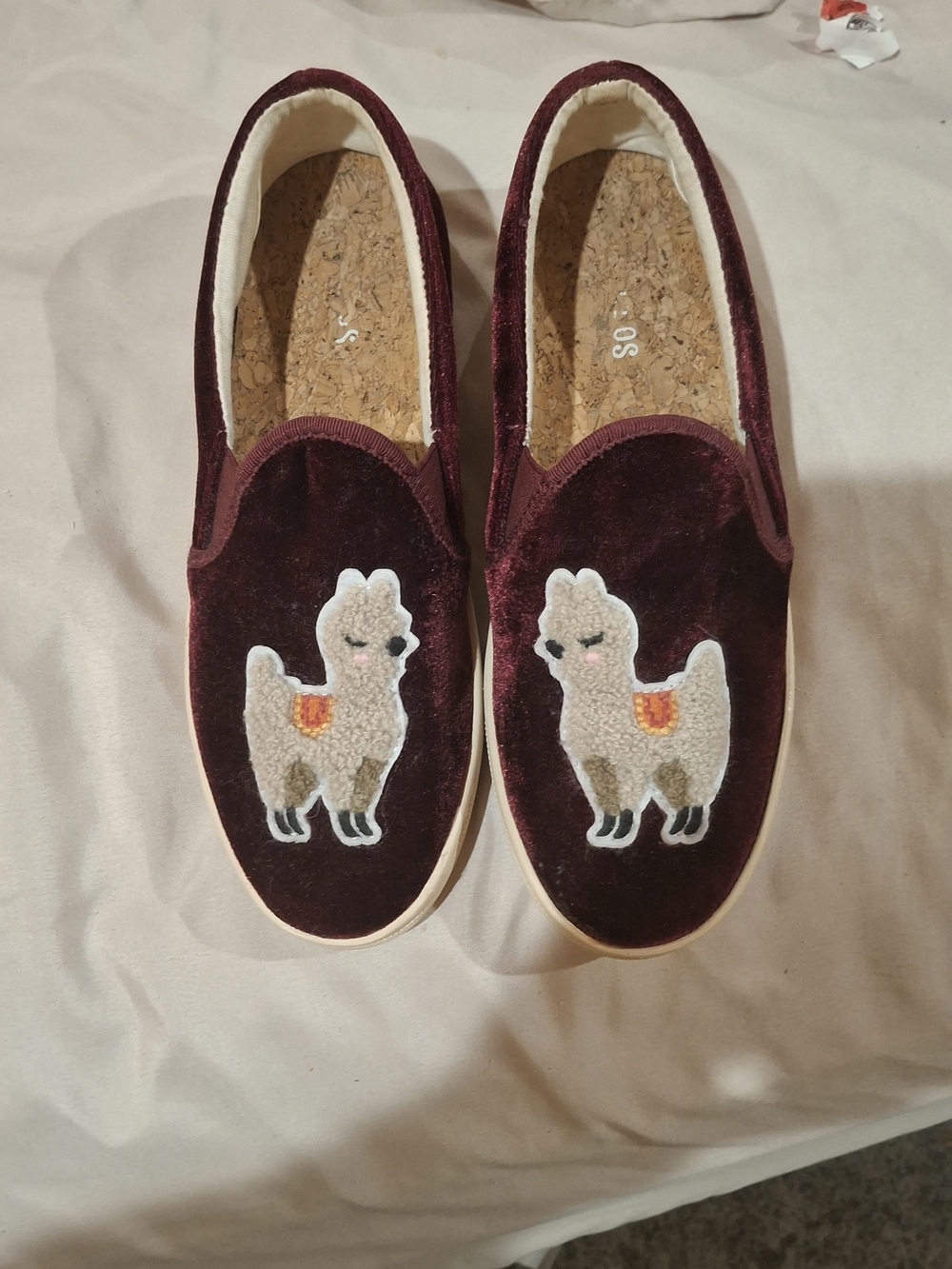 Soludos Burgundy Velvet Slip-On Shoes with Llama Patch